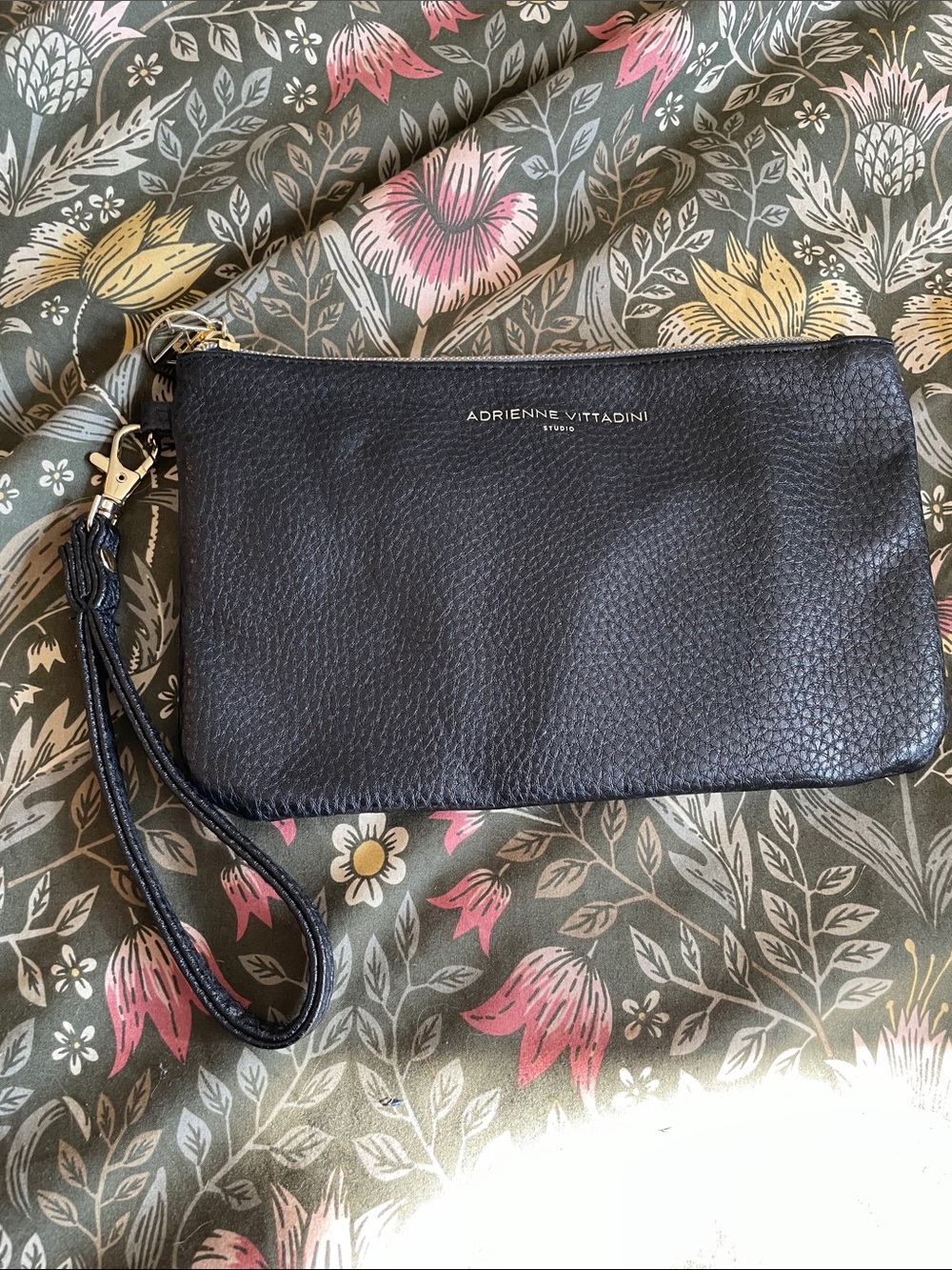 Adrienne Vittadini Black Pebbled Leather Wristlet Clutch with Gold Hardware